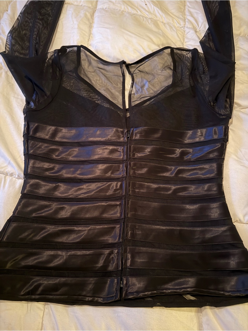 Dress Barn Black Sheer Mesh and Satin Stripe V-Neck Top - Picture 2 of 10